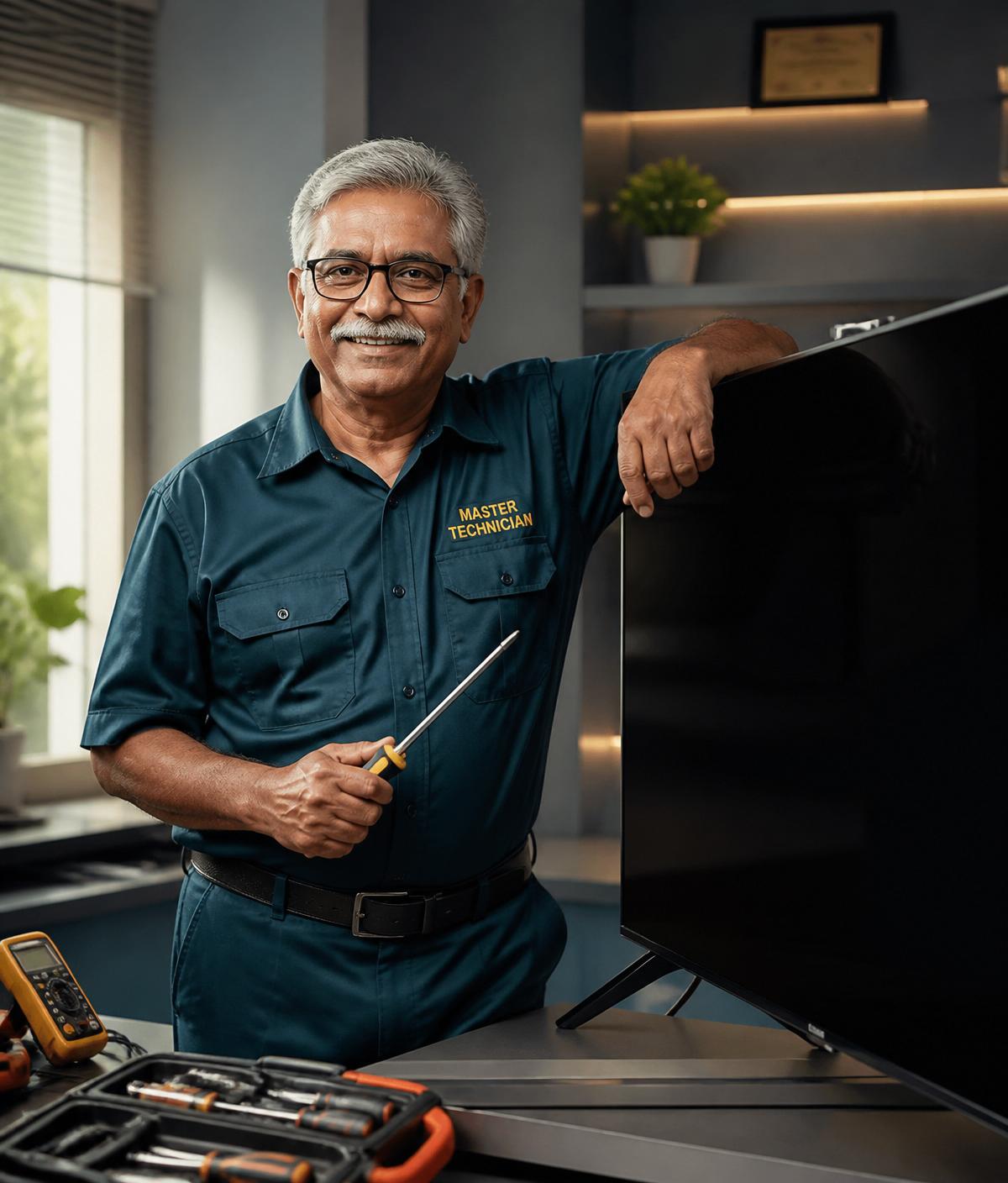 I B Care certified engineer performing doorstep LED TV repair in Greater Noida West
